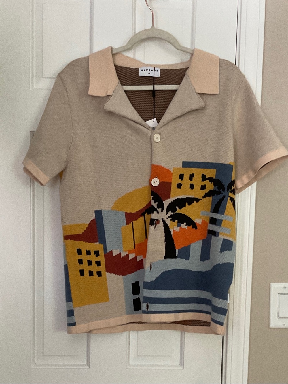 Mavala Beige Palm-Print Short Sleeve Button-Down Shirt